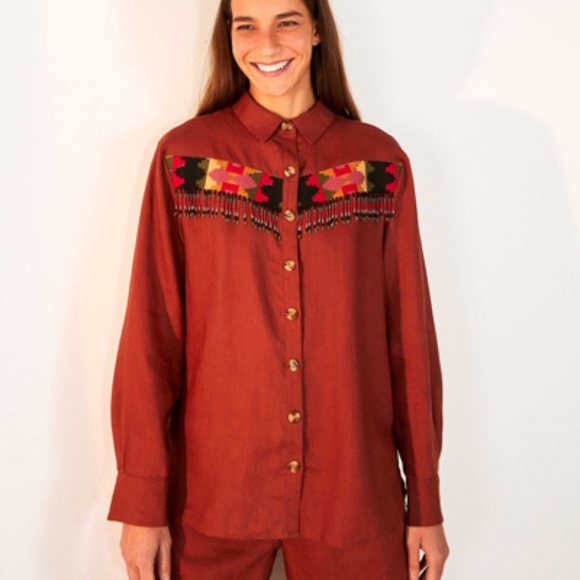 FARM Rio Tops - NWT Farm Rio Brown Beaded Fringe Shirt
